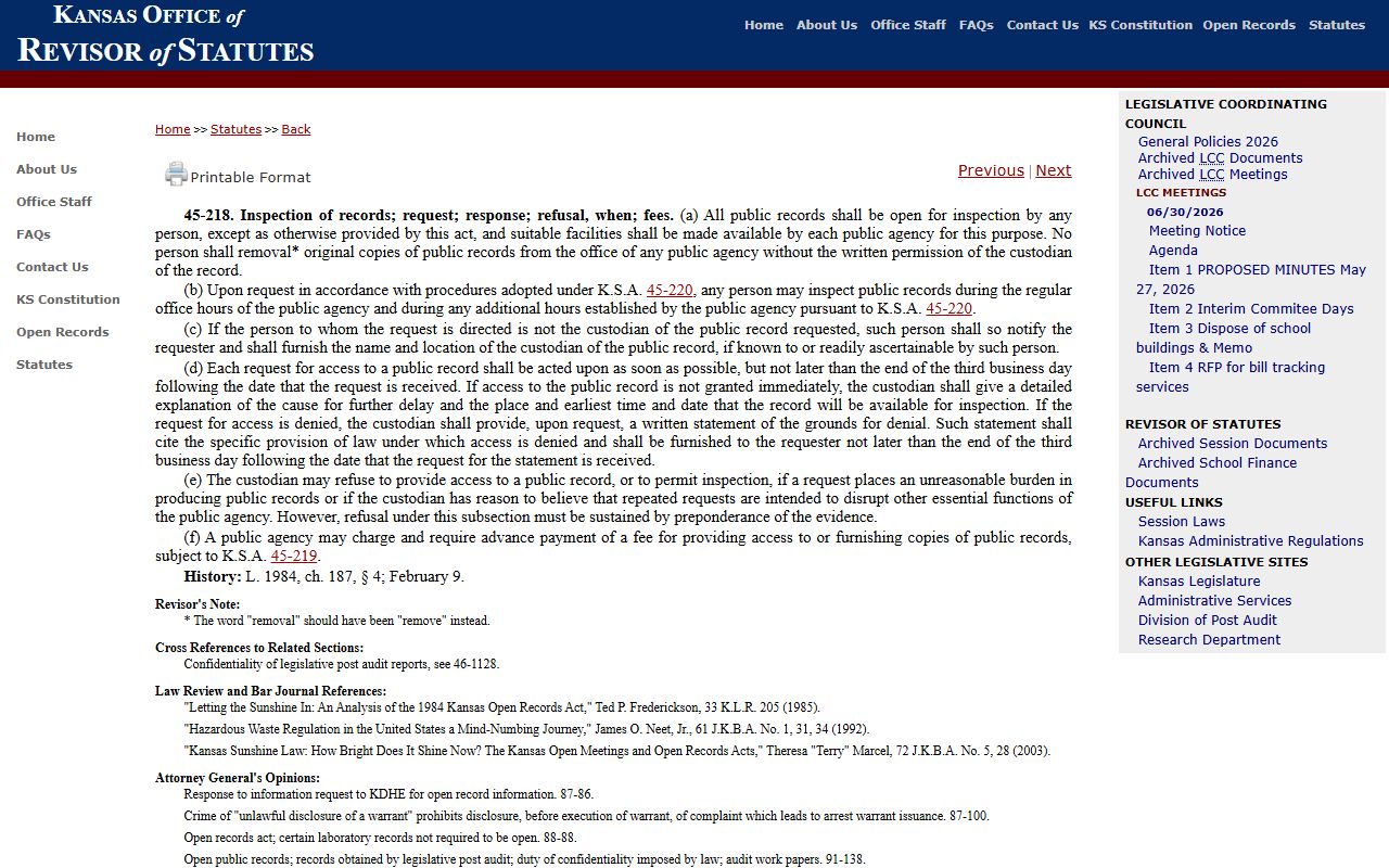 Atchison County Clerk of District Court records request response and Kansas inspection statute