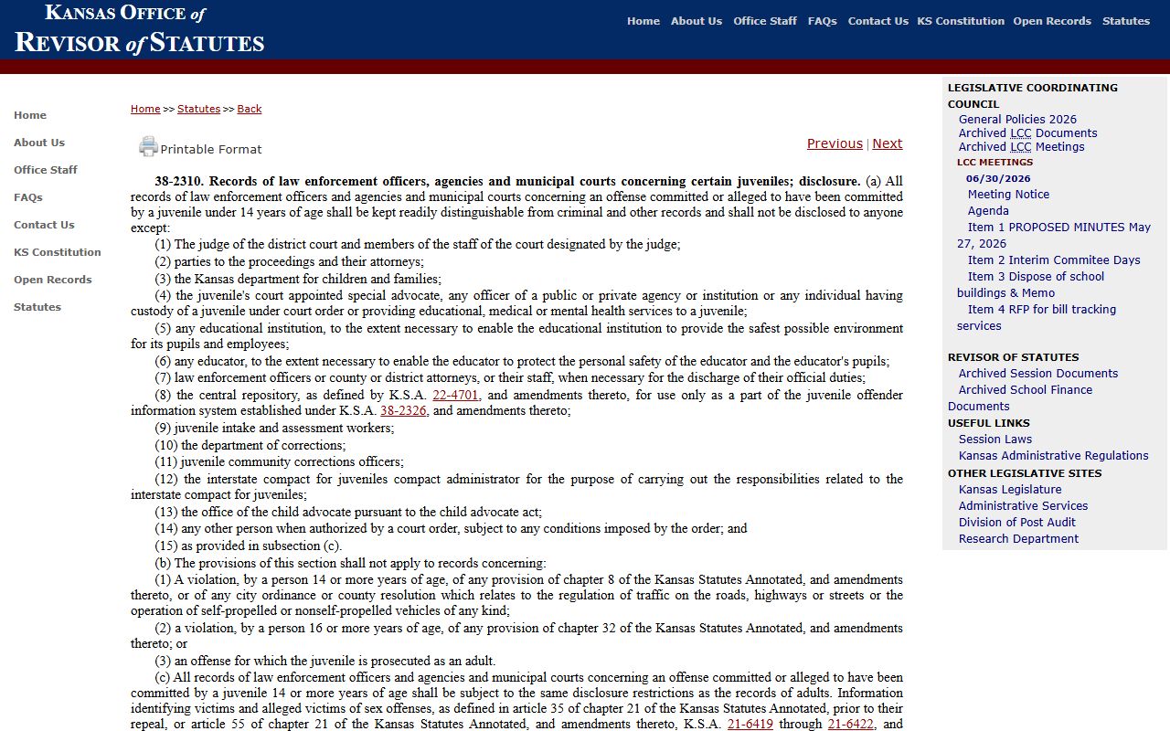 Atchison County criminal court records juvenile intake confidentiality statute