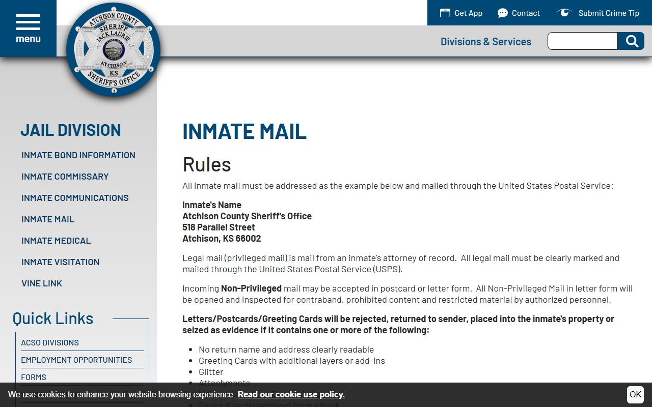 Atchison County inmate records inmate mail rules