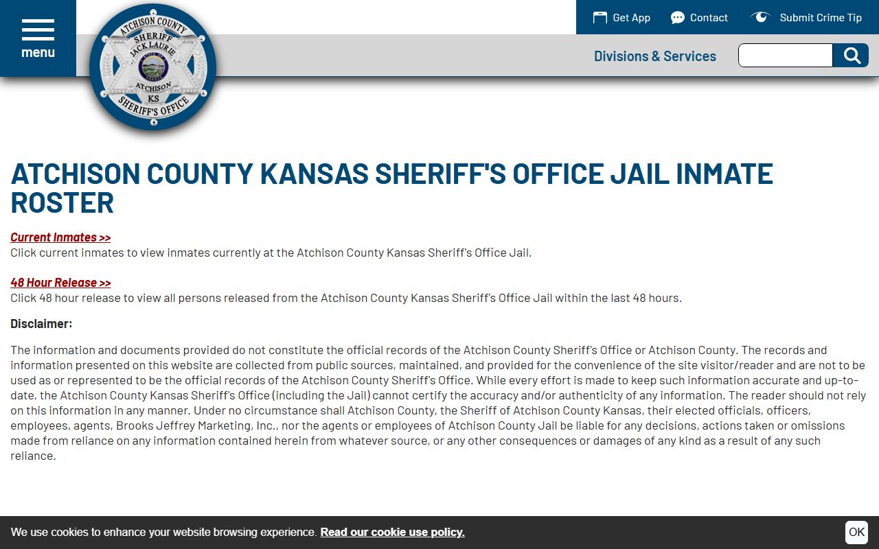 Atchison County inmate records official roster disclaimer