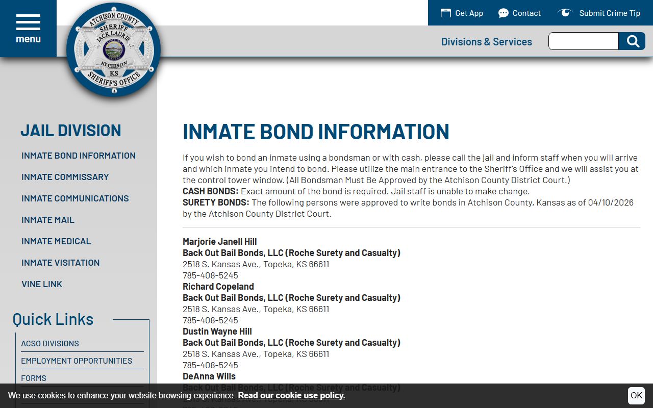 Atchison County warrant records inmate bond information