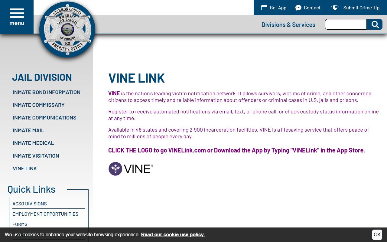 Atchison County warrant records VINE custody notifications